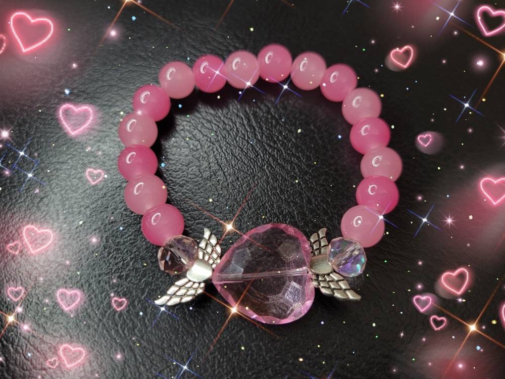 Heart Wing bracelet With Pink Glass beads Kawaii Accessories, Alt accessories MADE TO ODER high quality