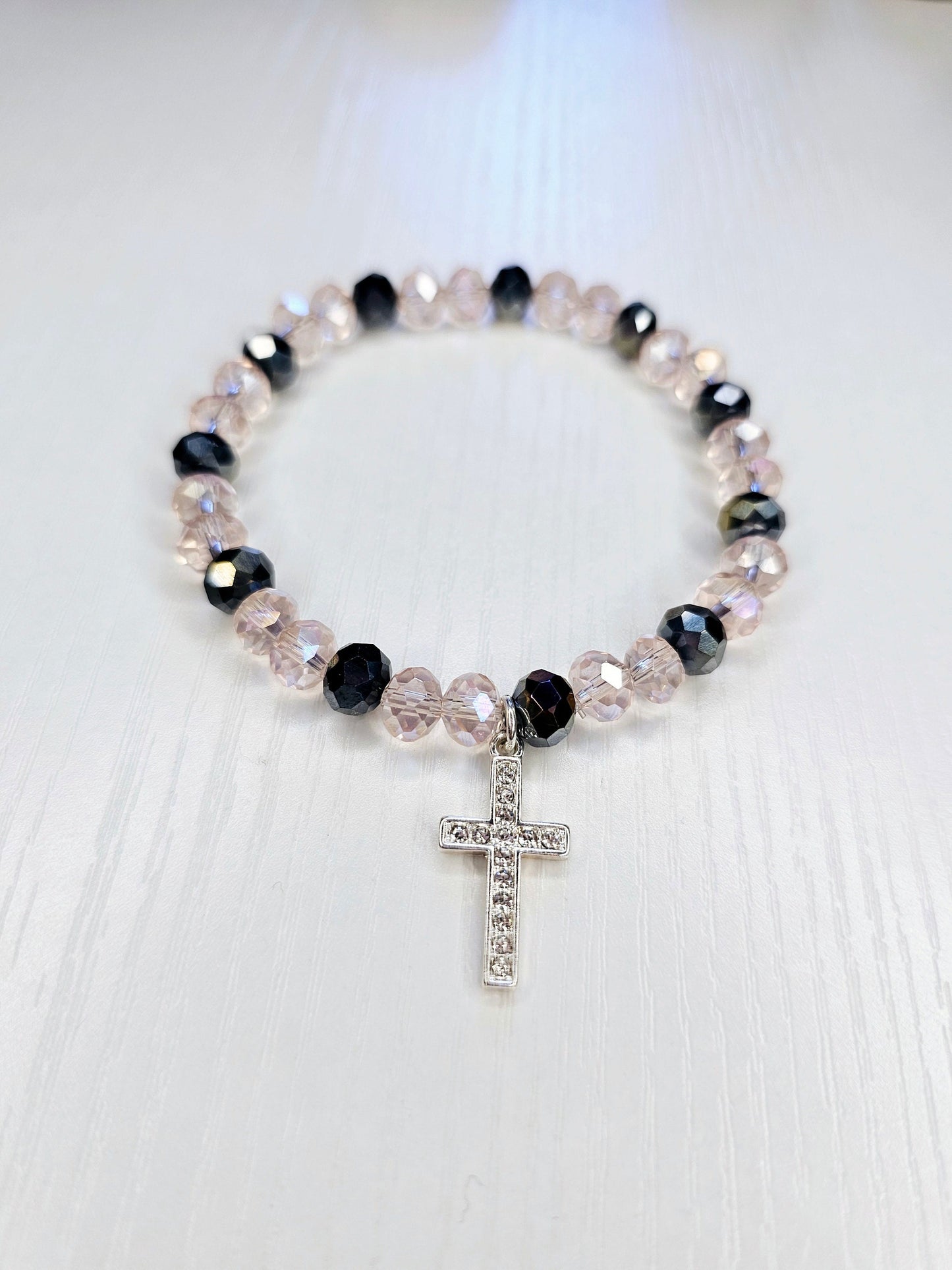 Pink and black cross bracelet 925 silver