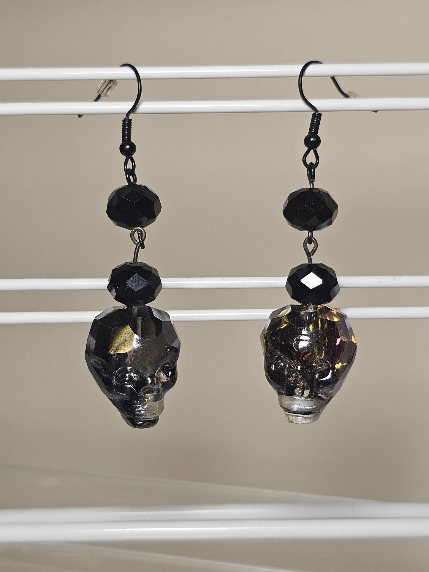 Skull black glass irredescent earrings, halloween spooky jewelry
