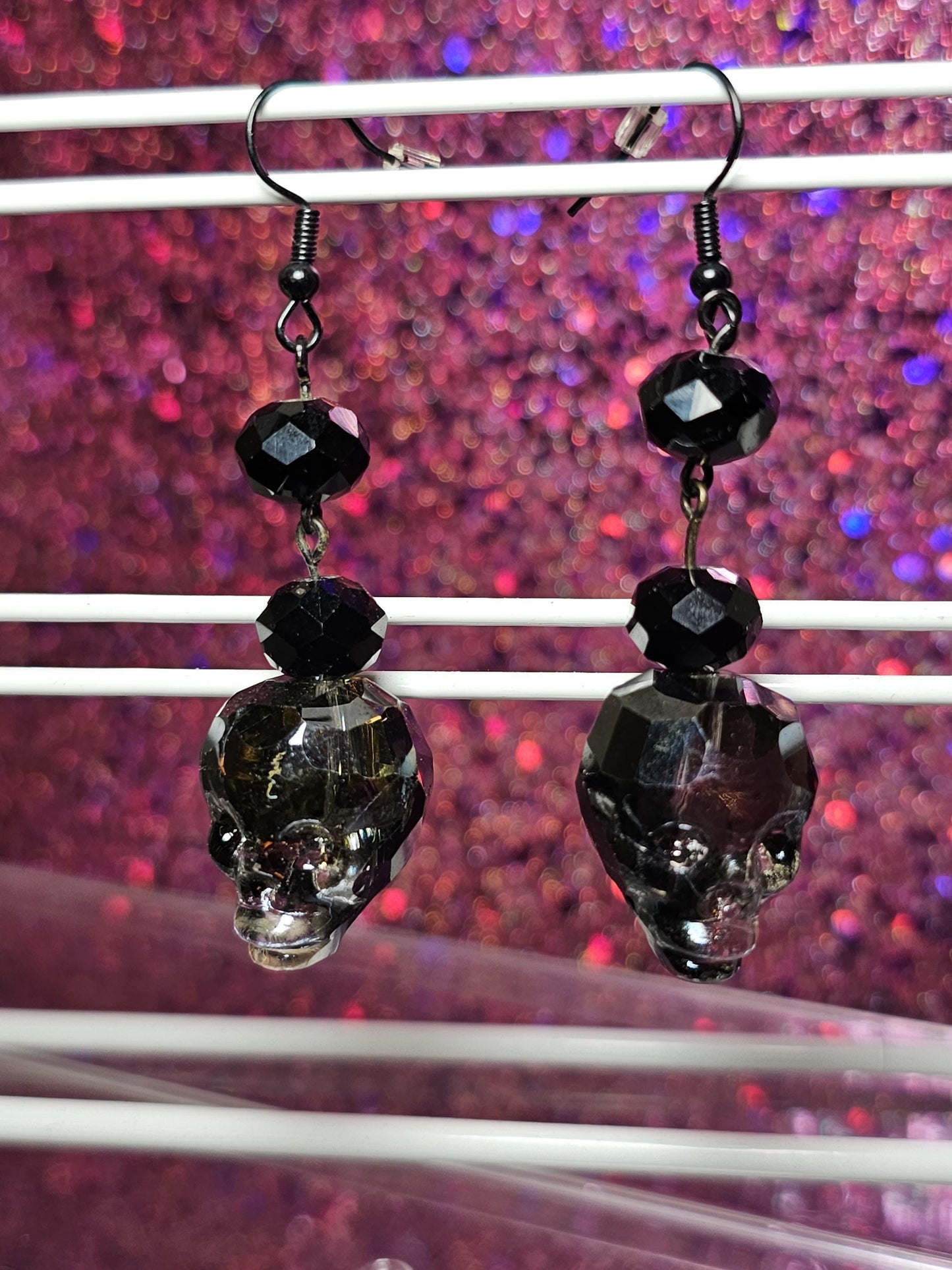 Skull black glass irredescent earrings, halloween spooky jewelry