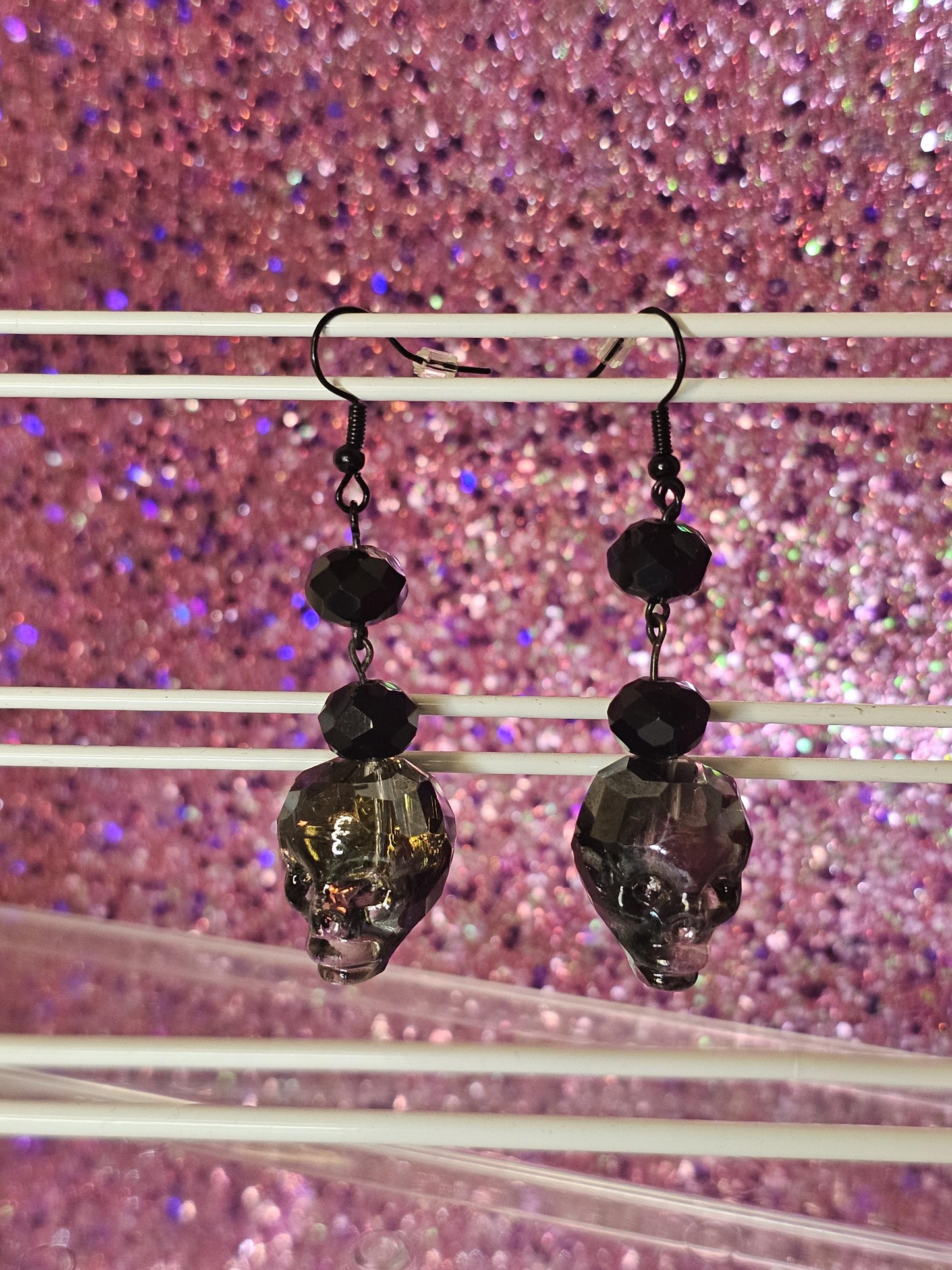 Skull black glass irredescent earrings, halloween spooky jewelry