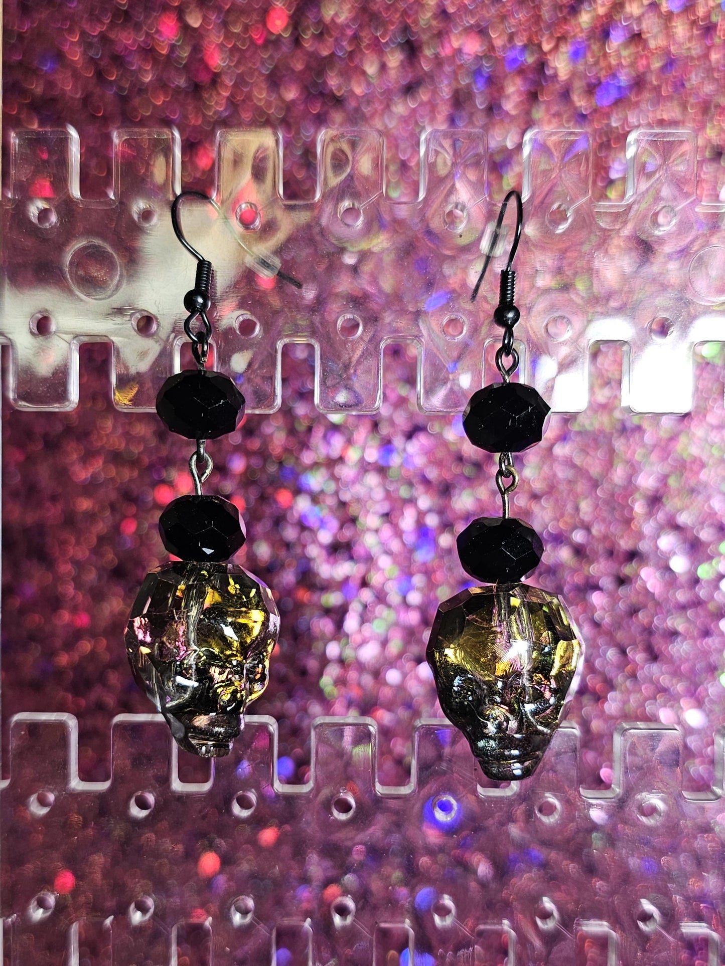 Skull black glass irredescent earrings, halloween spooky jewelry