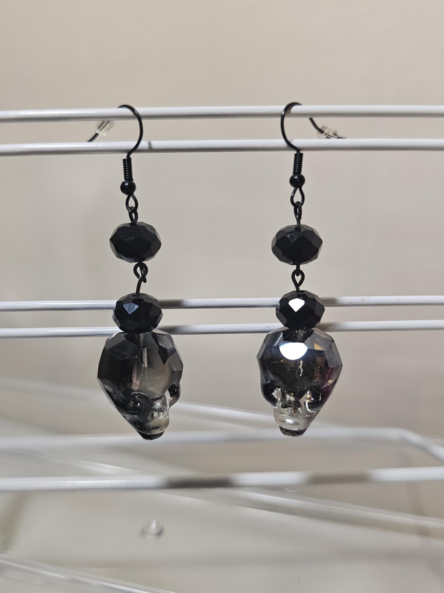 Skull black glass irredescent earrings, halloween spooky jewelry