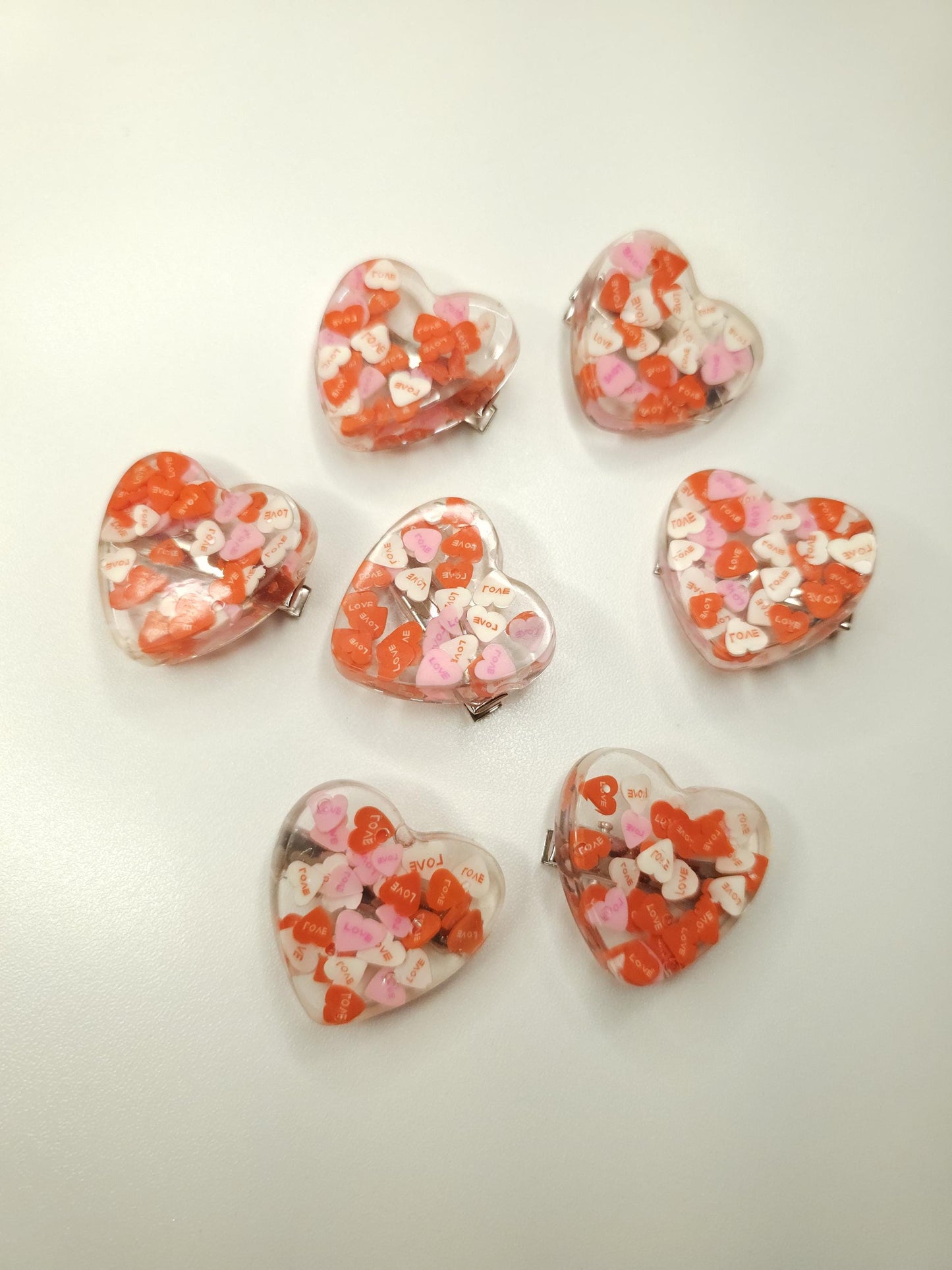 heart shaped clips with conversation hearts in resin, valentine's day hairclip