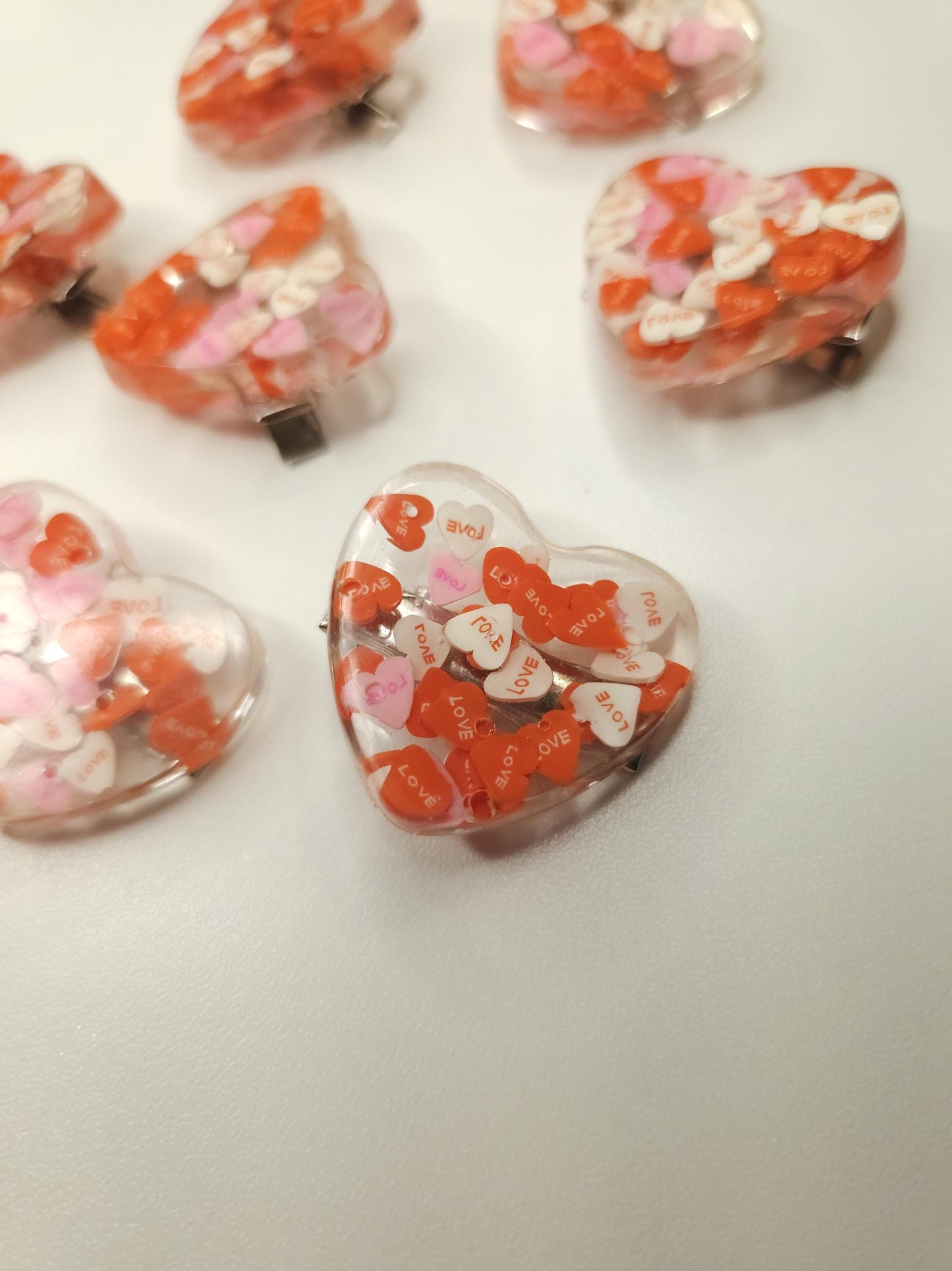heart shaped clips with conversation hearts in resin, valentine's day hairclip