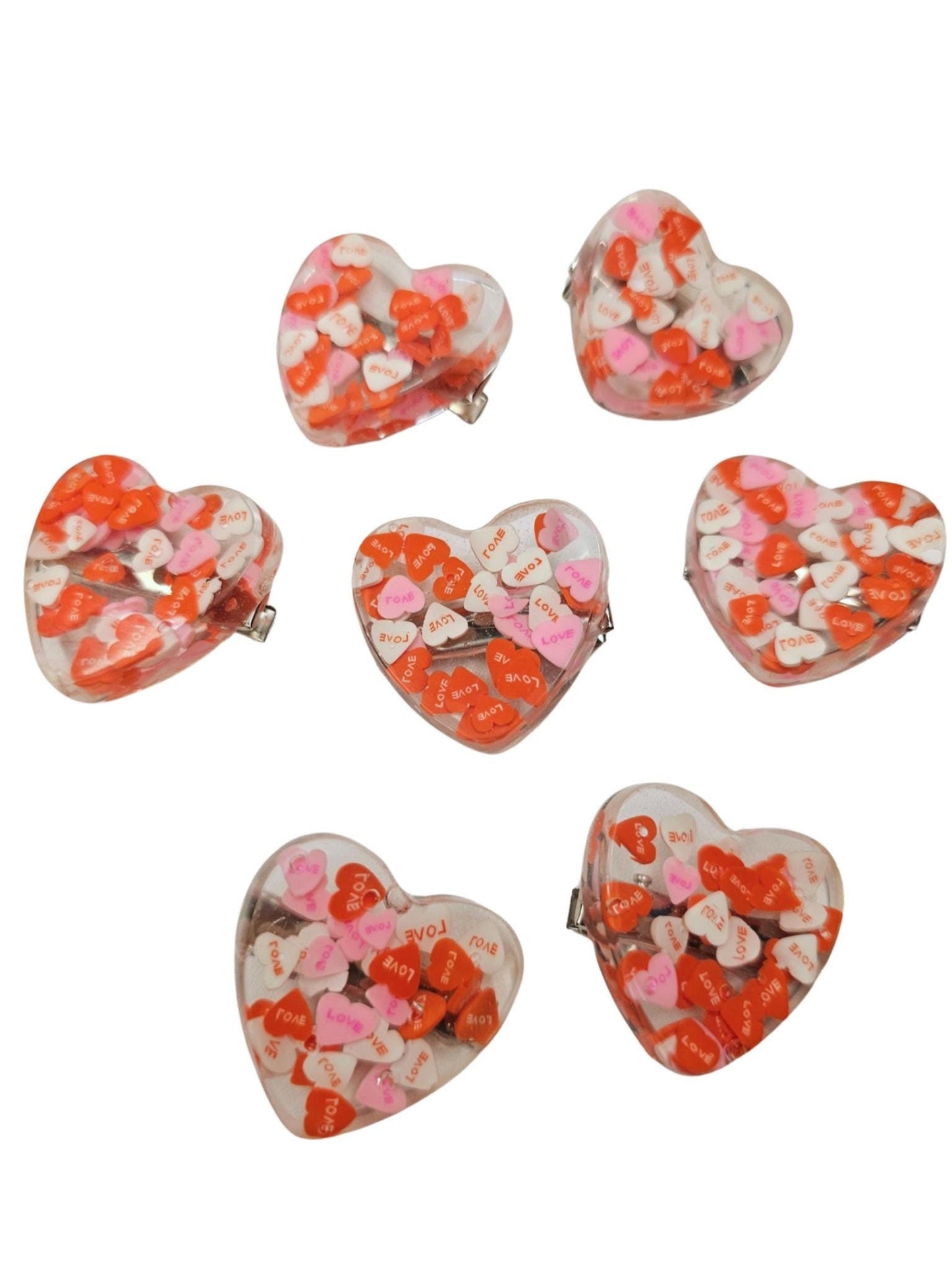 heart shaped clips with conversation hearts in resin, valentine's day hairclip