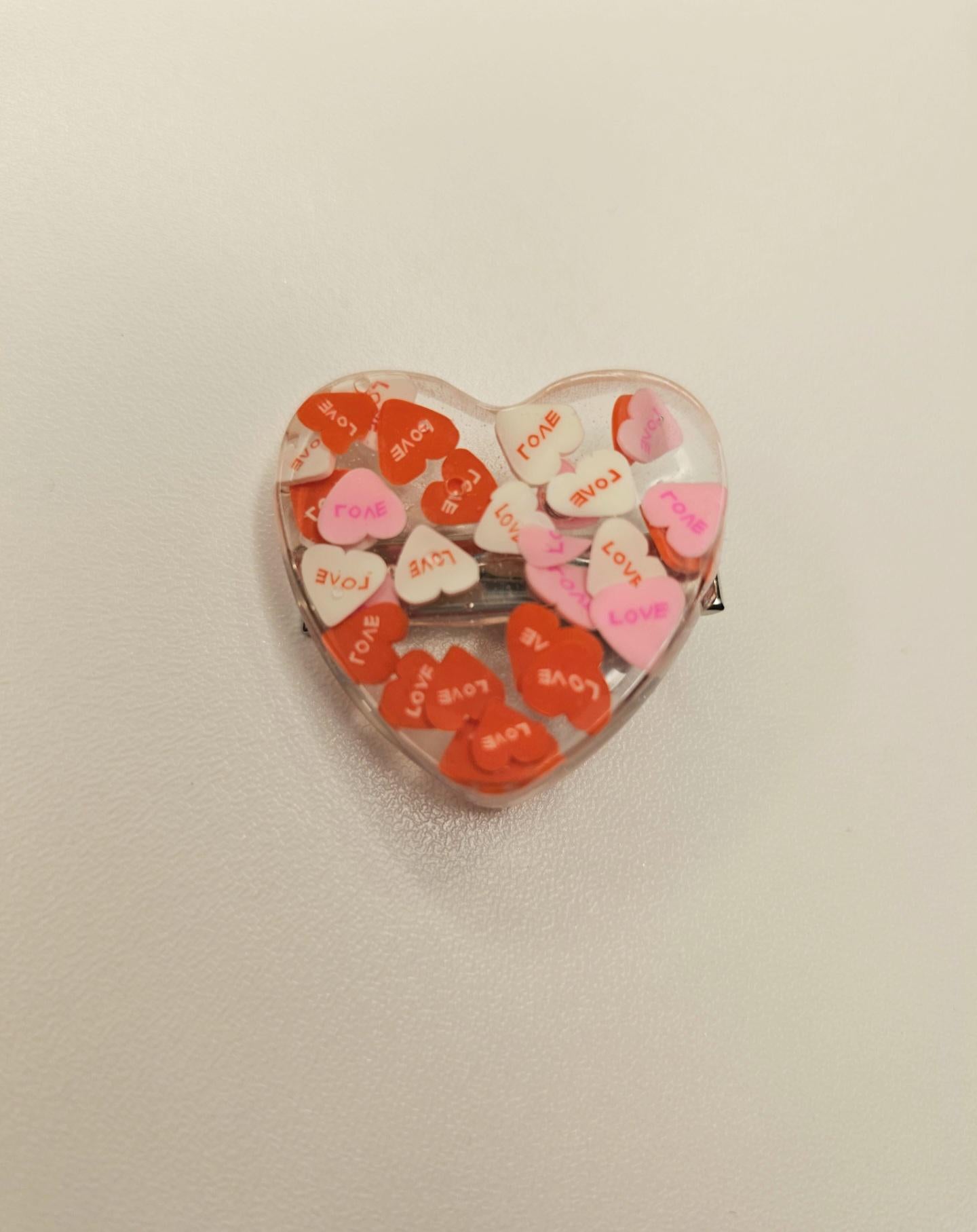 heart shaped clips with conversation hearts in resin, valentine's day hairclip
