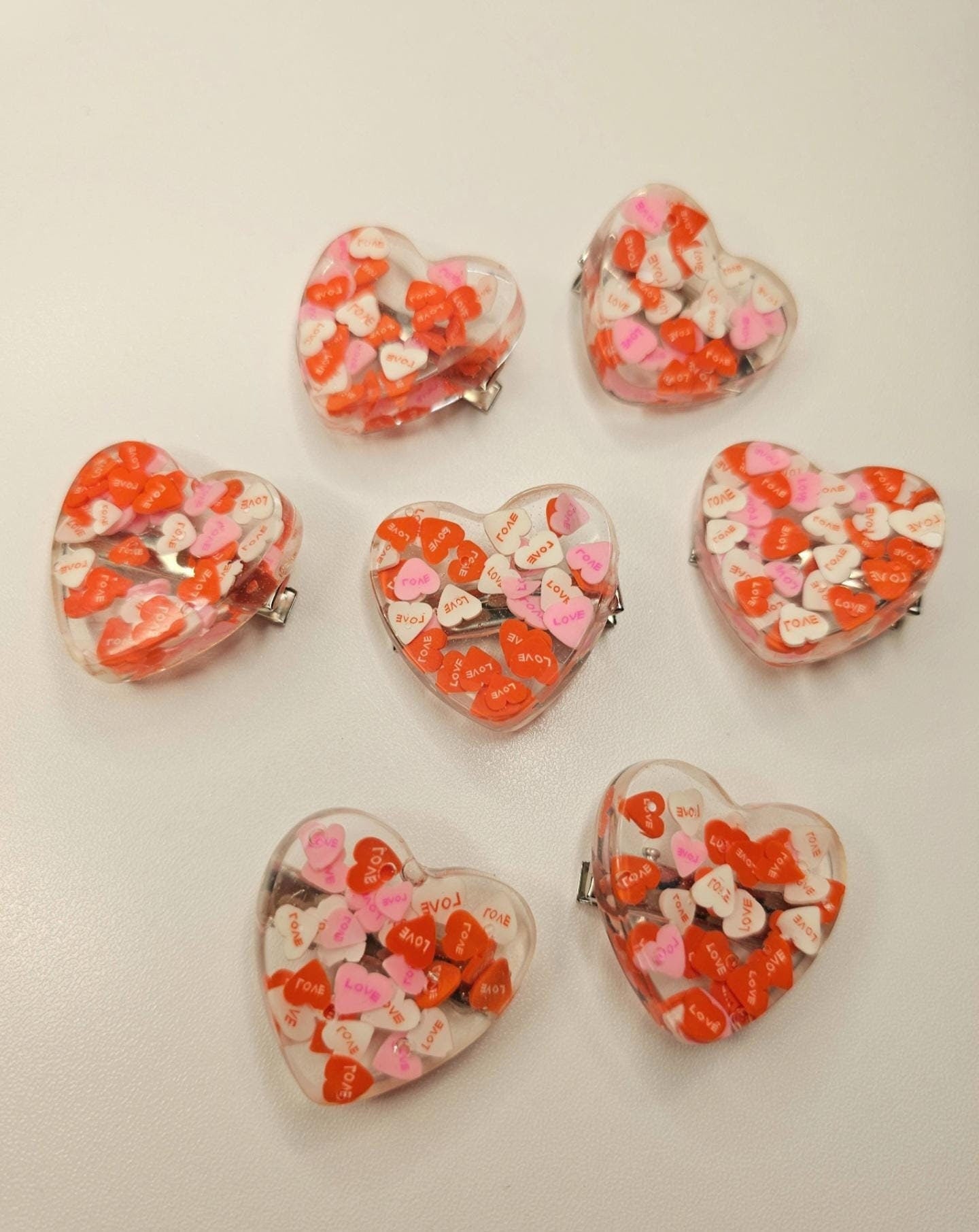 heart shaped clips with conversation hearts in resin, valentine's day hairclip