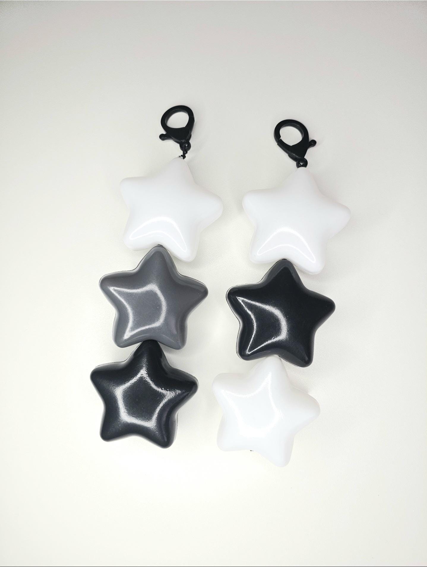 Black, gray, and white Jumbo Puffy Kawaii star keychain / zipper backpack charm. fairy kei, decora, Jfashion, creepy cute